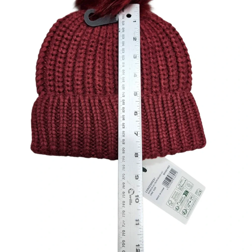 Barbour NWT Saltburn Beanie Hat Womens OS‎ Red Ribbed Knit Faux Fur Pom Winter